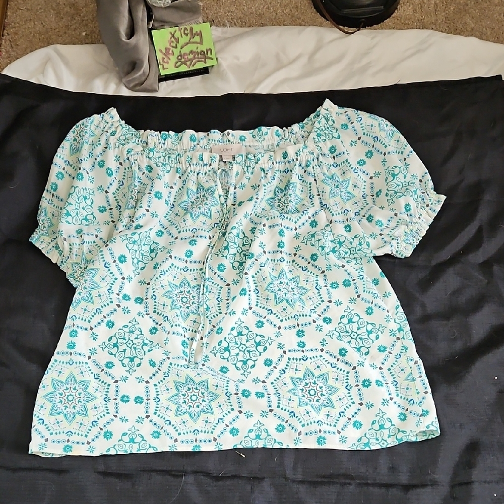 LOFT White and Teal Off-Shoulder Print Blouse